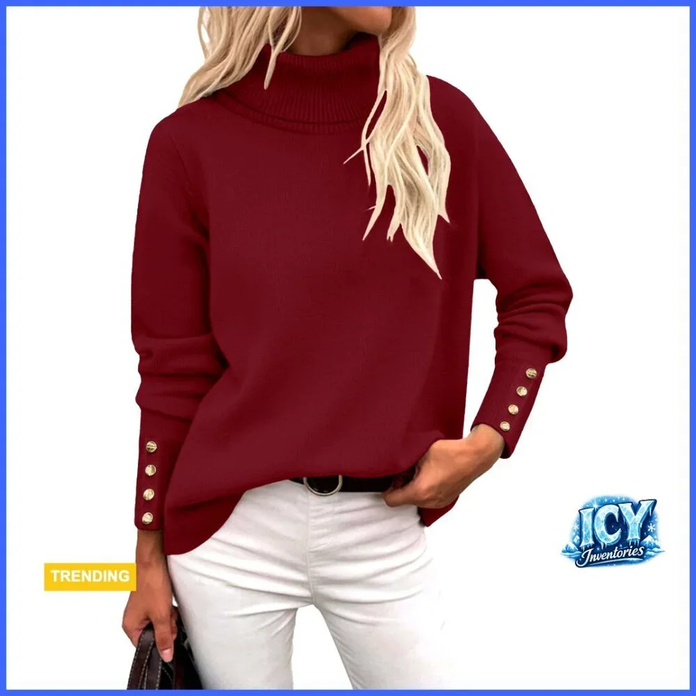 Long Sleeve Turtleneck Pullover Sweater with Metal Buttons High Low Hem